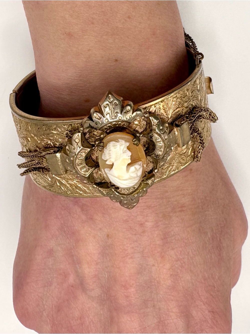Vintage Ornate Cameo Wide Cuff Bracelet Gold Tone Engraved Statement